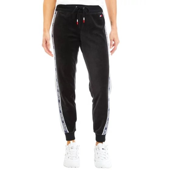 X Small BLACK Tommy Hilfiger Sport Women Athleisure Velour Jogger w/ Logo Taping - Picture 3 of 8